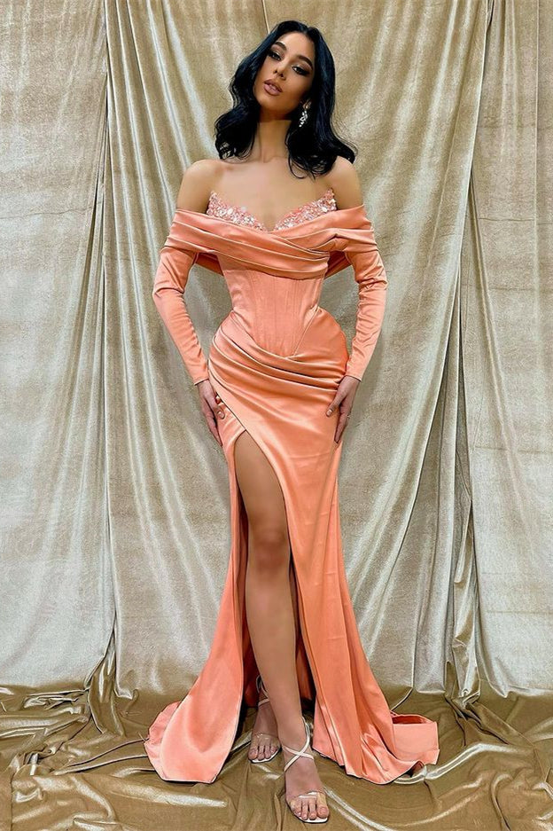 Off-The-Shoulder Long Sleeves FrontMermaid Prom Dress With Sequins