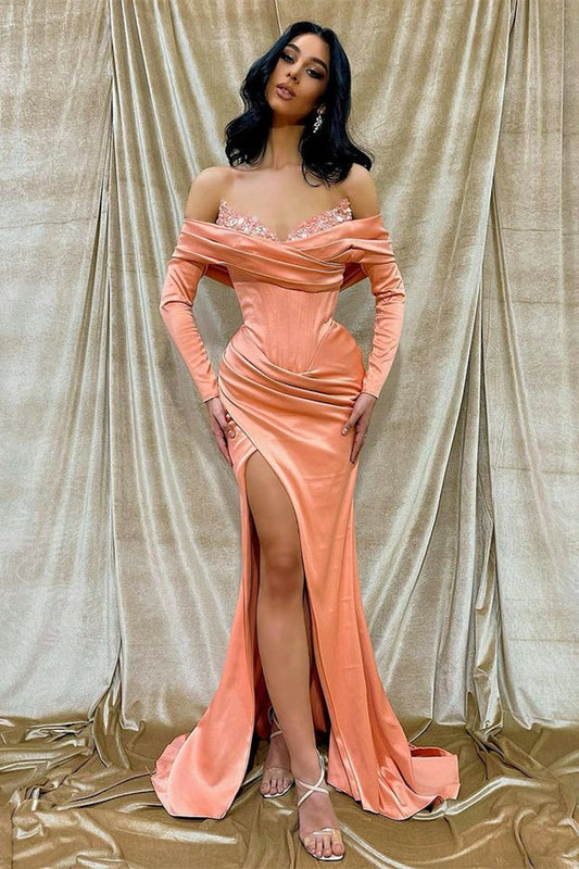 Off-The-Shoulder Long Sleeves FrontMermaid Prom Dress With Sequins