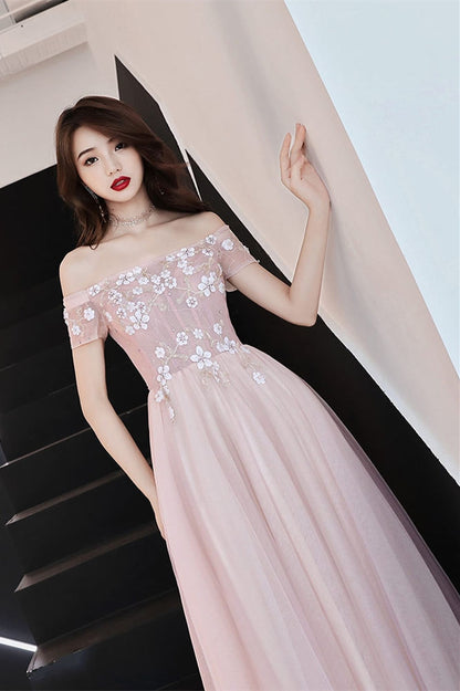 Off the Shoulder Pink Long Prom Dress with Flowers