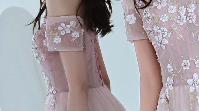 Off the Shoulder Pink Long Prom Dress with Flowers