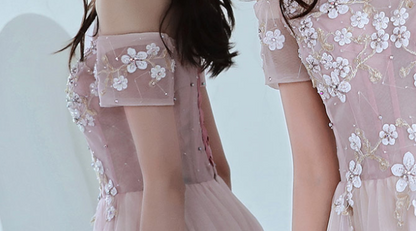 Off the Shoulder Pink Long Prom Dress with Flowers