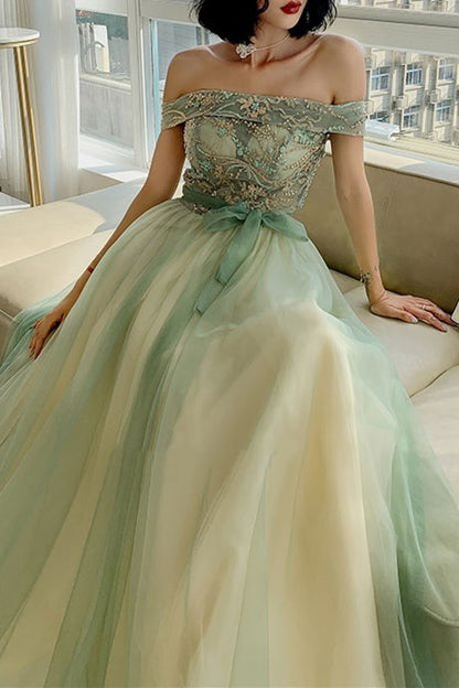 Off the Shoulder Sage Green Tulle Formal Dress