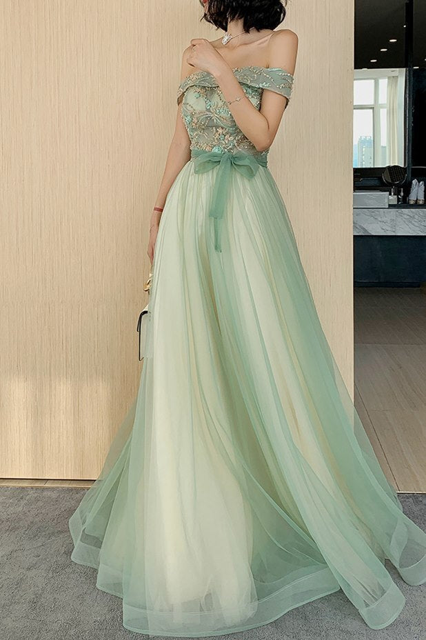 Off the Shoulder Sage Green Tulle Formal Dress