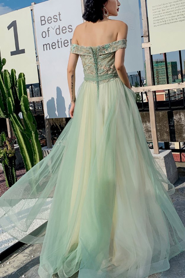 Off the Shoulder Sage Green Tulle Formal Dress