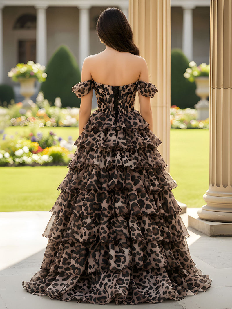 Off-the-shoulder Tiered Leopard Print Dress With Slit As Picture