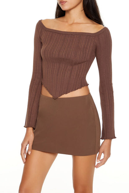 Off-the-Shoulder V-Hem Sweater
