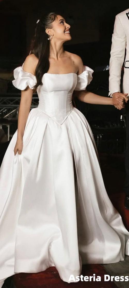 Off The Shoulder White A-Line Satin Wedding Dresses