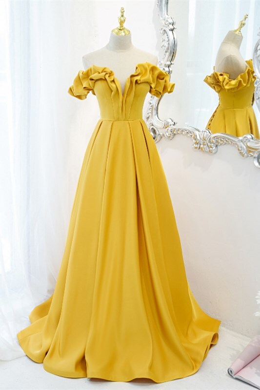 Off the Shoulder Yellow A-line Long Formal Dress