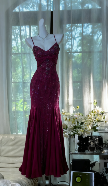 Burgundy Long Evening Dress  Mermaid Long Prom Dress