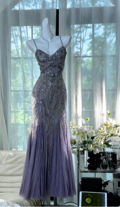 Purple Evening Dressses Vintage Spaghetti Straps Mermaid Tulle Beading Long Stunning Prom Dresses Elega
