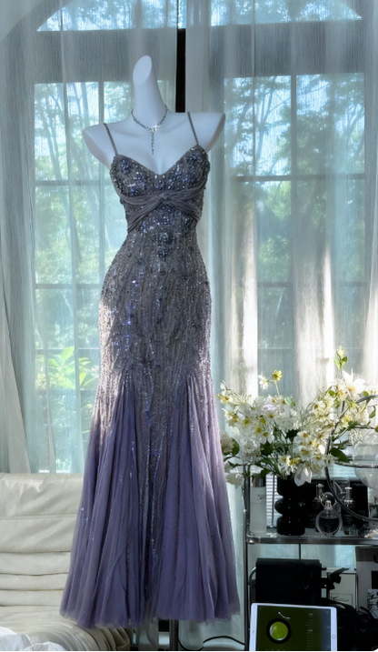 Purple Evening Dressses Vintage Spaghetti Straps Mermaid Tulle Beading Long Stunning Prom Dresses Elega