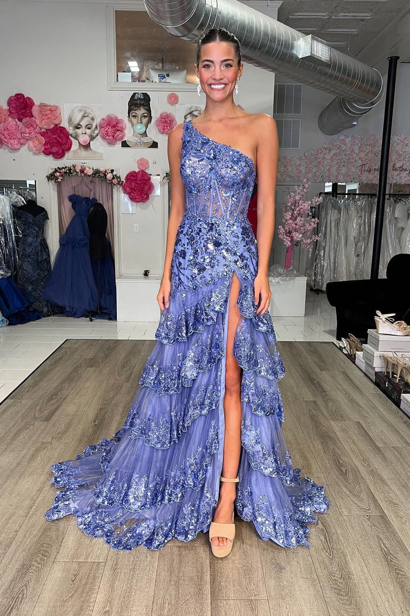 One Shoulder Blush Pink Tiered Ruffle Long Formal Dress