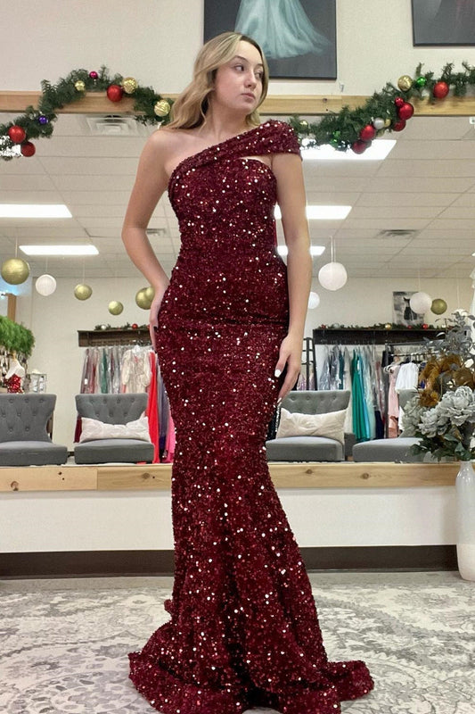 One Shoulder Burgundy Sequin Mermaid Long Evening Dress