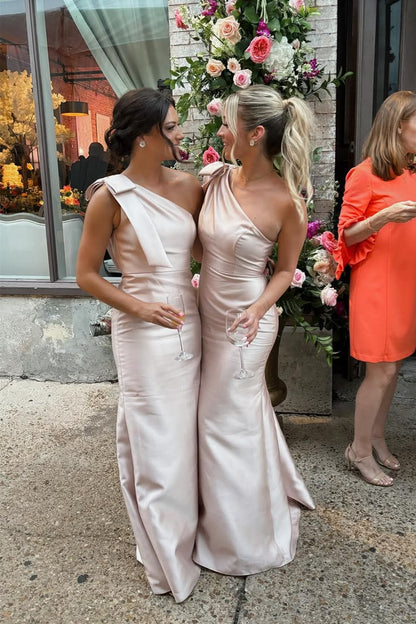 One Shoulder Champagne Satin Mermaid Bridesmaid Dresses