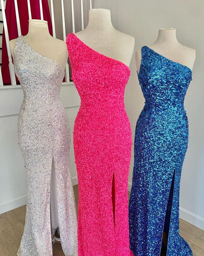 One Shoulder Hot Pink Sequins Mermaid Long Prom Dress