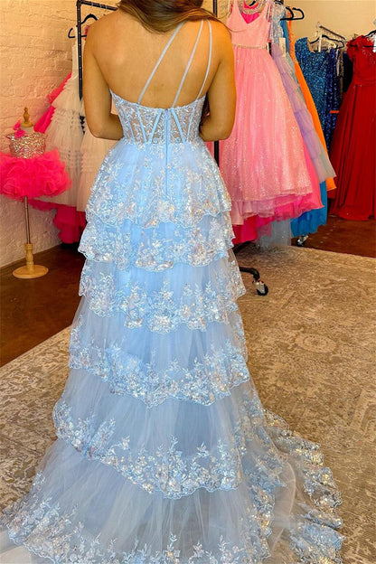 One Shoulder Light Blue Appliques Ruffle Formal Dress