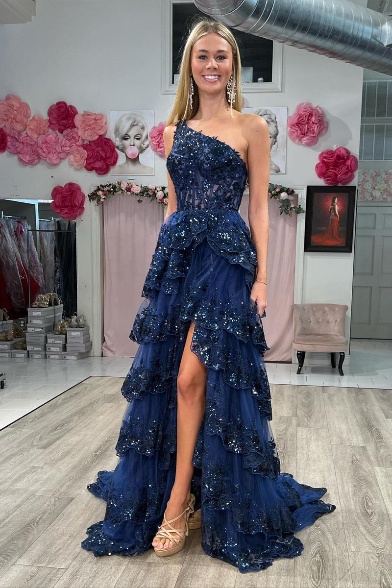 One Shoulder Light Blue Appliques Ruffle Formal Dress