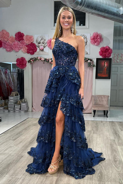 One Shoulder Light Blue Appliques Ruffle Formal Dress