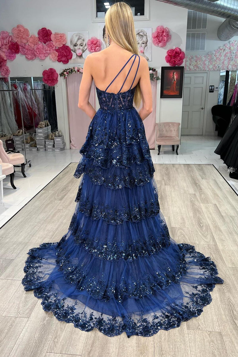 One Shoulder Light Blue Appliques Ruffle Formal Dress