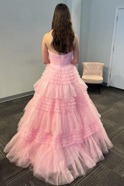 One Shoulder Pink Ruffles A-line Long Formal Dress