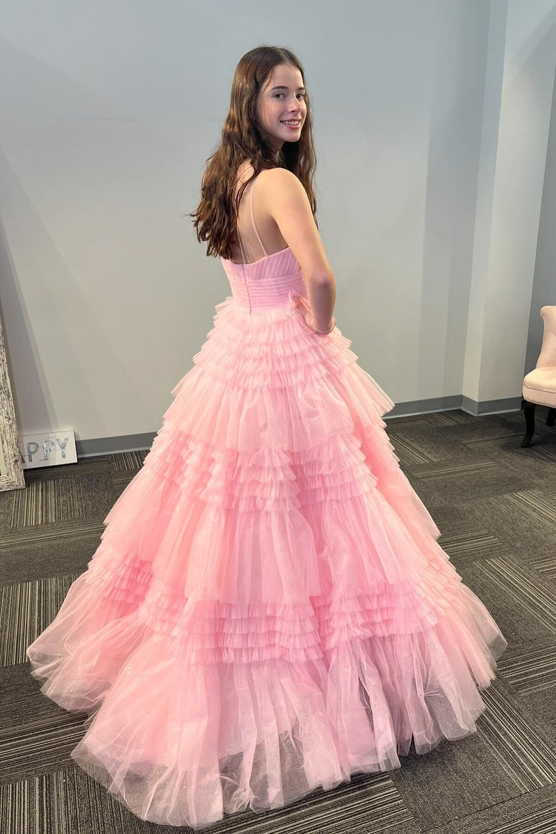 One Shoulder Pink Ruffles A-line Long Formal Dress