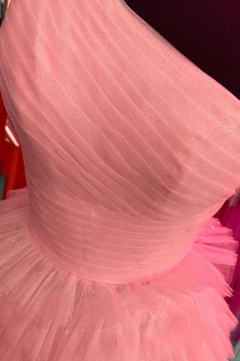 One Shoulder Pink Ruffles A-line Long Formal Dress