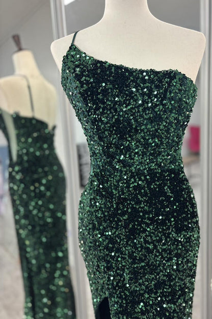One Shoulder Purple Sequin Mermaid Long Prom Dress