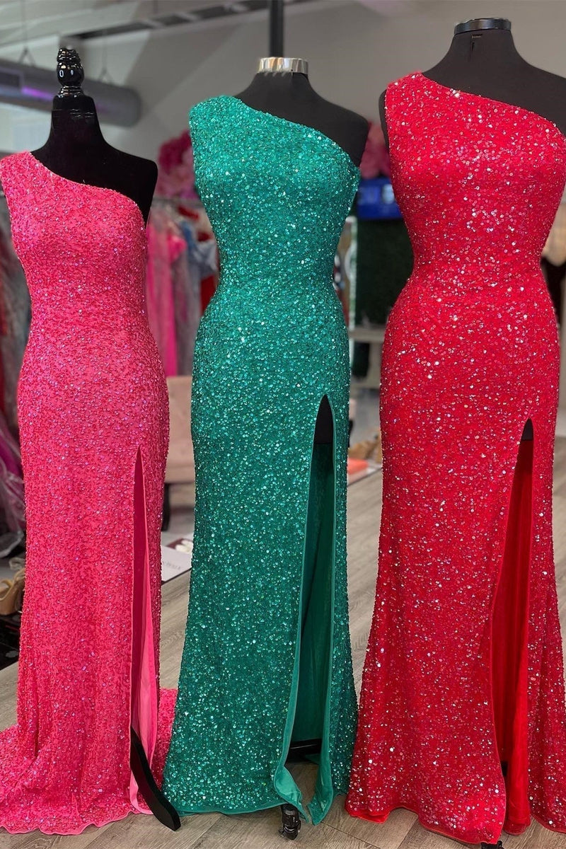 One Shoulder Sequin Mermaid Long Formal Dress with Lace Up Back