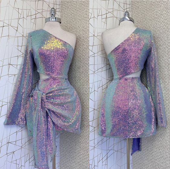One Shoulder Sequined Homecoming Dress with Sleeve