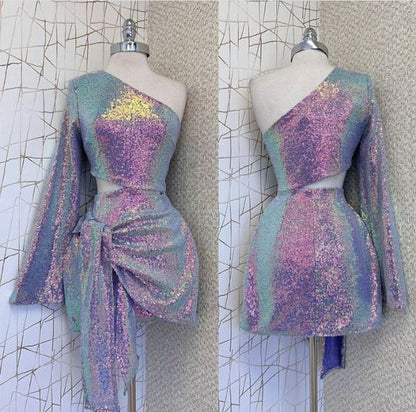 One Shoulder Sequined Homecoming Dress with Sleeve