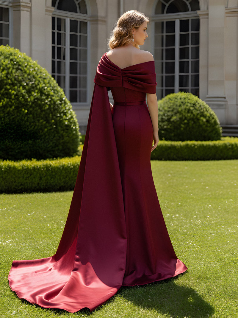 One Shoulder Sheath Long Slit Dress With Cape Burgundy