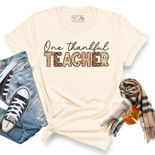 One Thankful Teacher Thanksgiving shirt with festive fall design