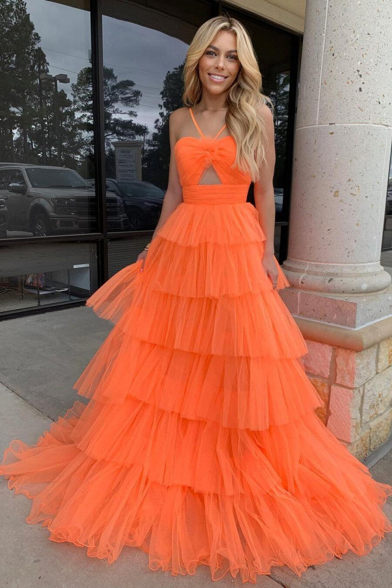 Orange Halter Tulle Tiered A-line Long Party Dress