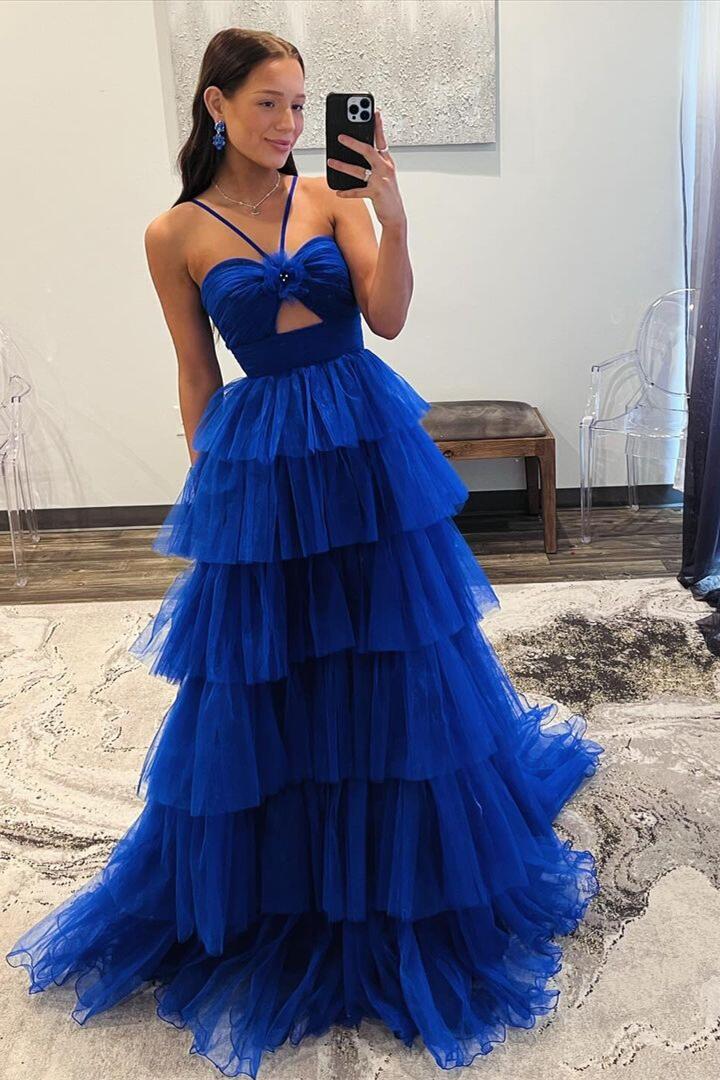 Orange Halter Tulle Tiered A-line Long Party Dress