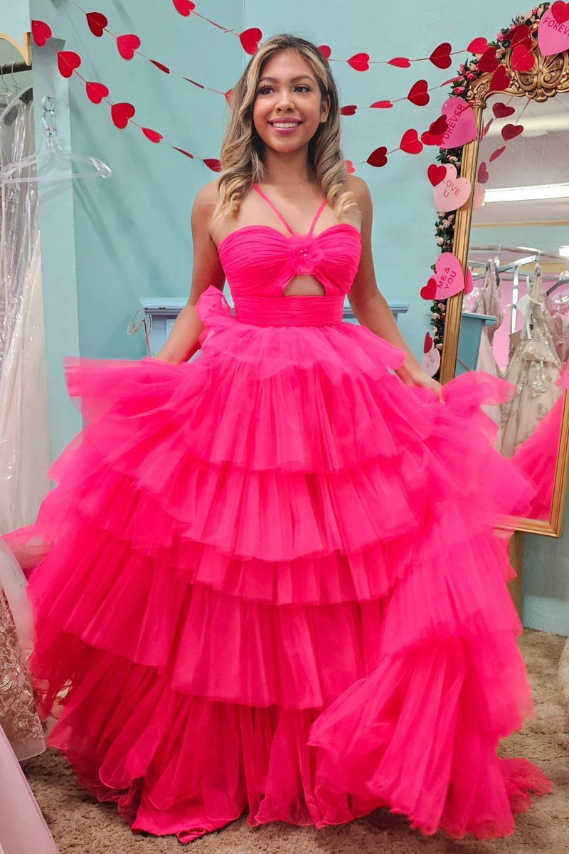 Orange Halter Tulle Tiered A-line Long Party Dress