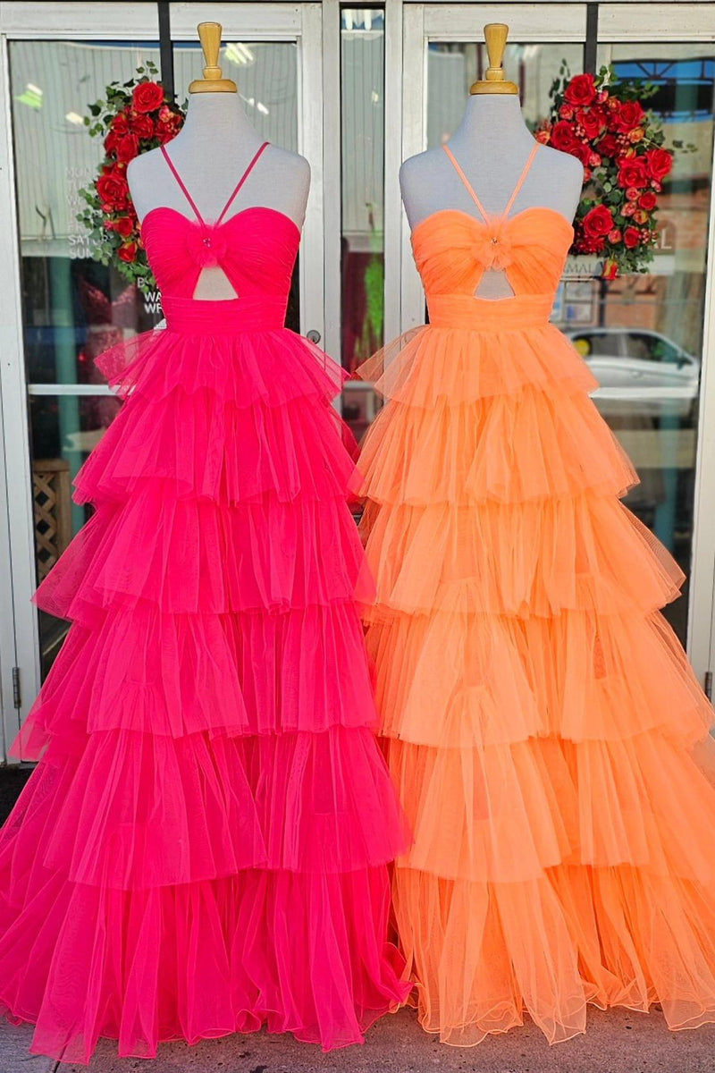 Orange Halter Tulle Tiered A-line Long Party Dress