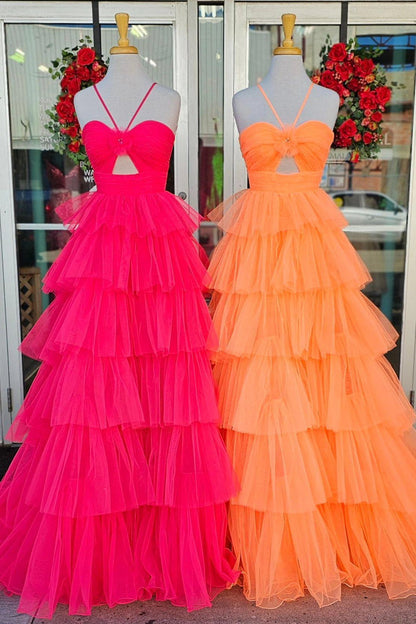 Orange Halter Tulle Tiered A-line Long Party Dress