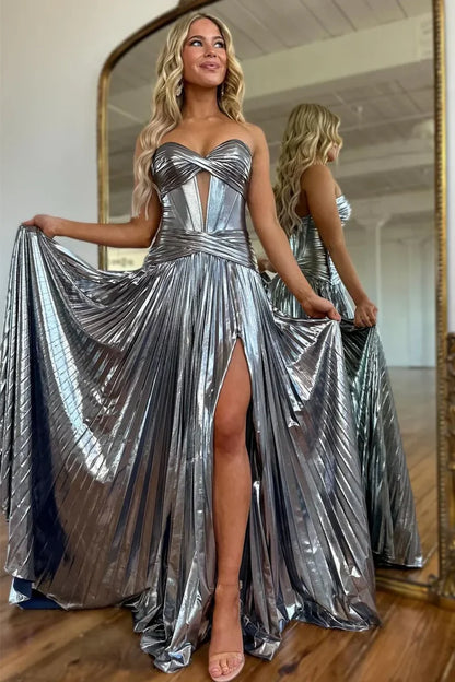 Peacock Blue Metallic A Line Prom Dress with Sweetheart Neckline and Leg Slit