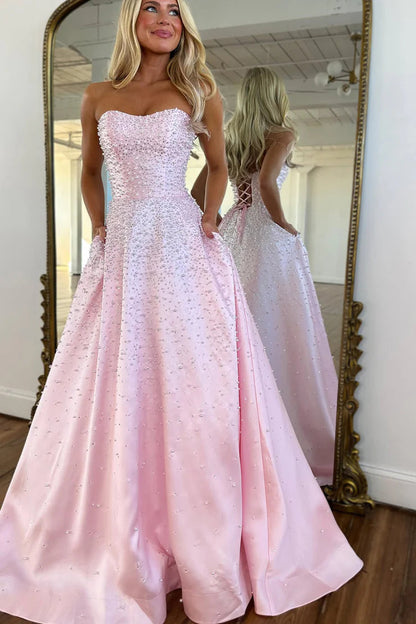 Pink A Line Sweetheart Hot Fix Satin Long Prom Dress with Beading