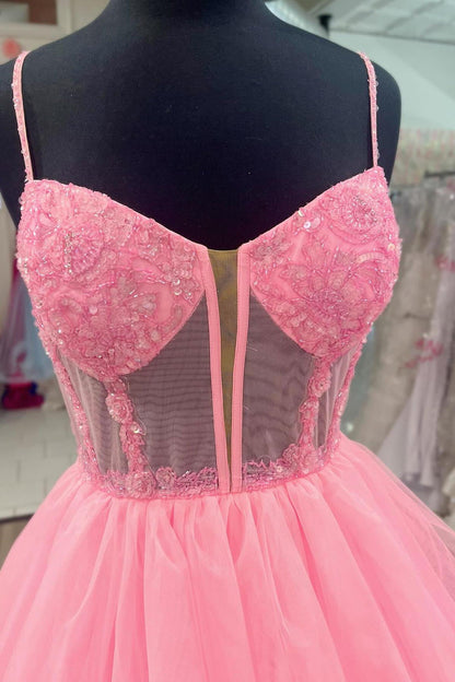 Pink Corset Tulle Ruffles A-line Formal Dress