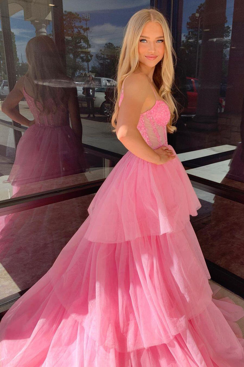 Pink Corset Tulle Ruffles A-line Formal Dress