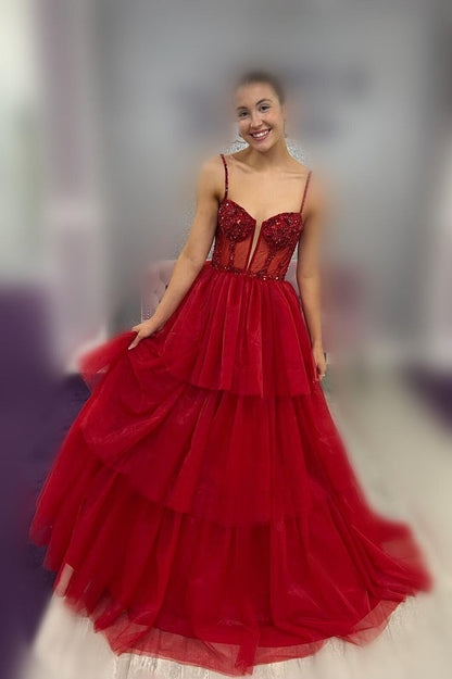 Pink Corset Tulle Ruffles A-line Formal Dress
