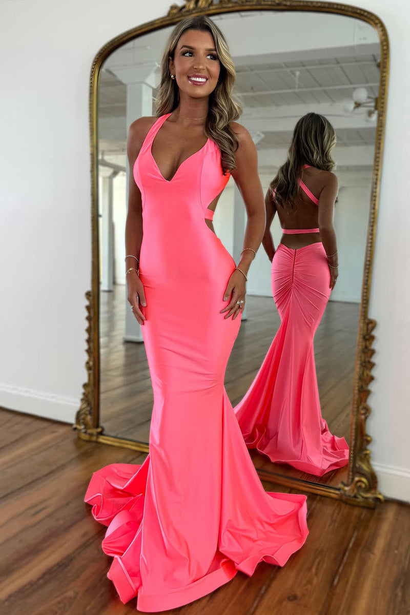 Pink Mermaid V-Neck Prom Dress with Chic Cross Back and Satin Finish