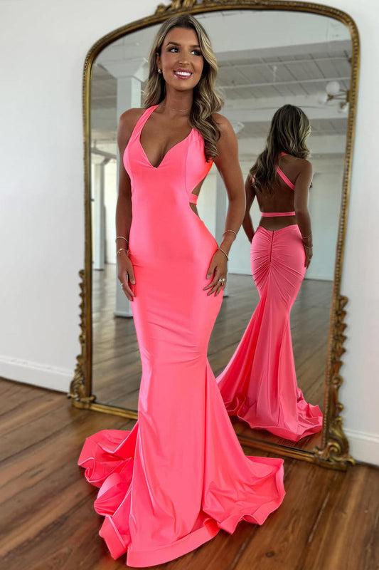 Pink Mermaid V-Neck Prom Dress with Chic Cross Back and Satin Finish