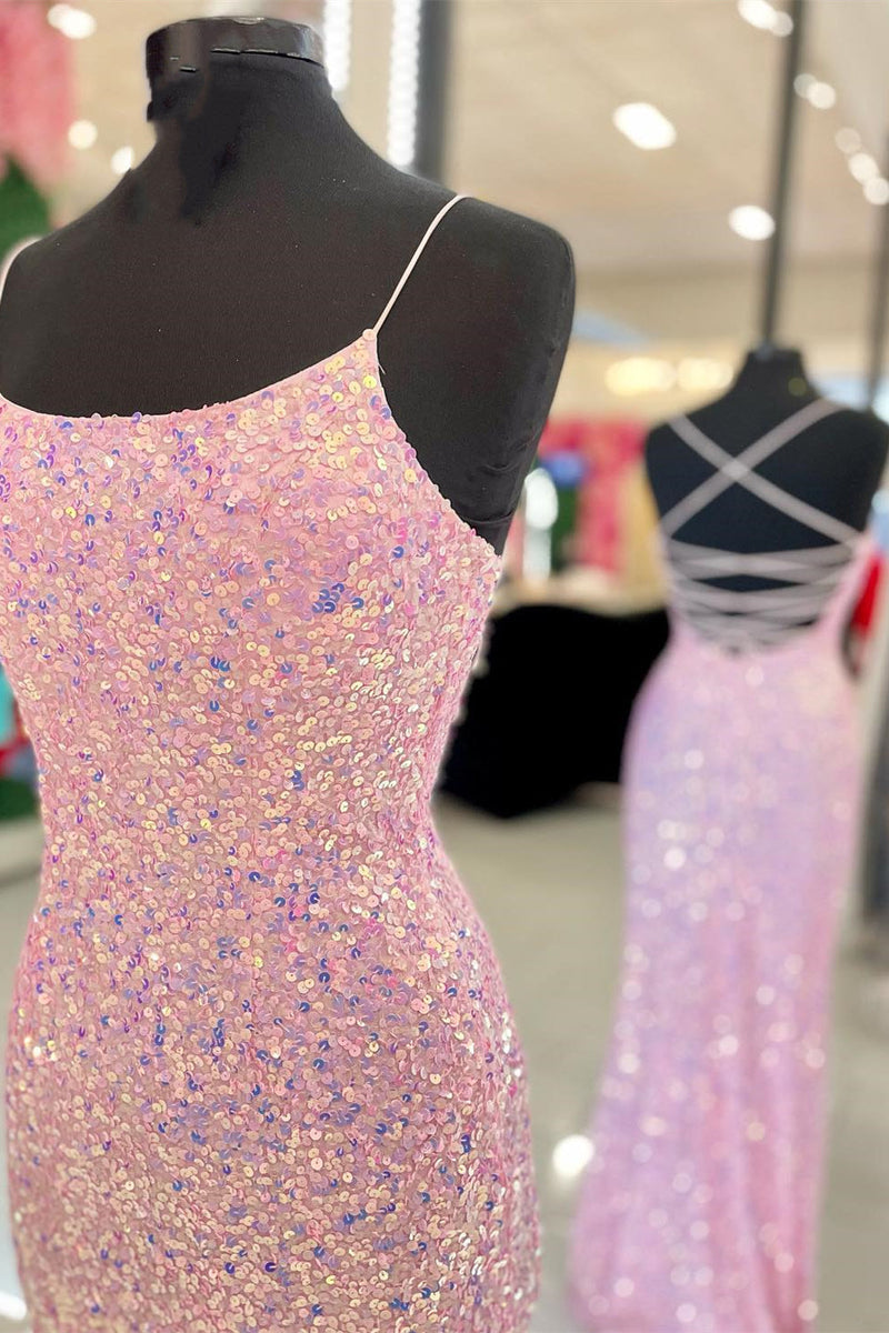 Pink Sequins Mermaid Long Formal Dress with Slit