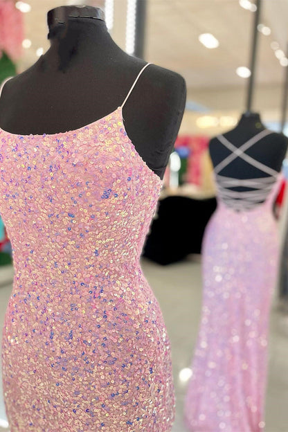 Pink Sequins Mermaid Long Formal Dress with Slit