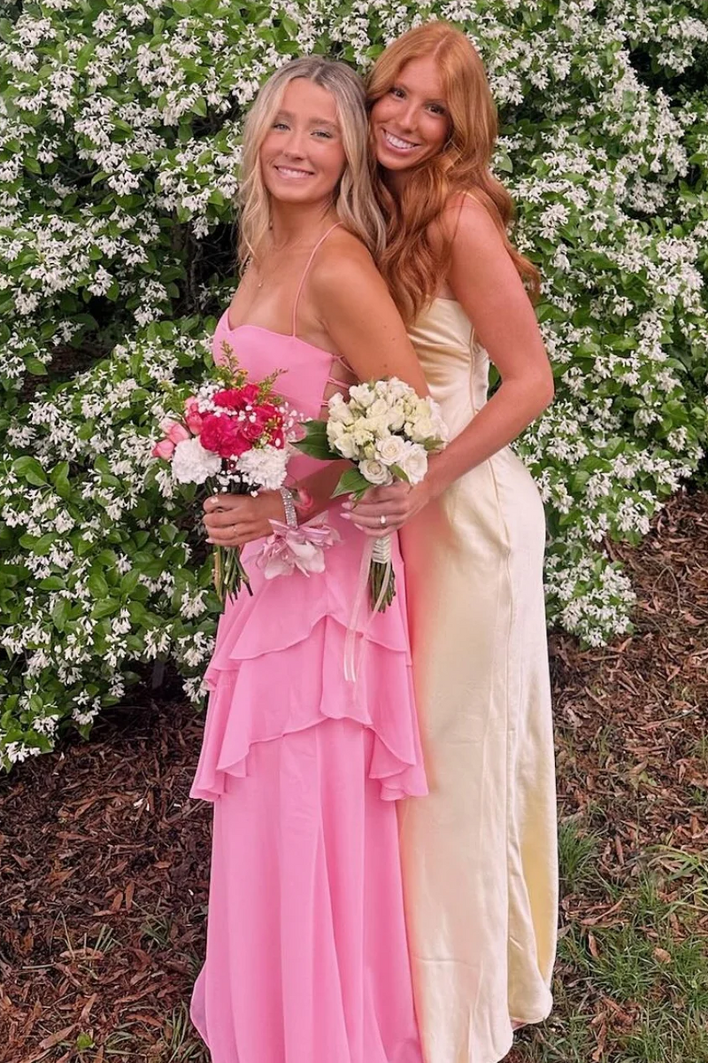Red Spaghetti Straps Ruffles Sleeveless Lace-Up Long Dress