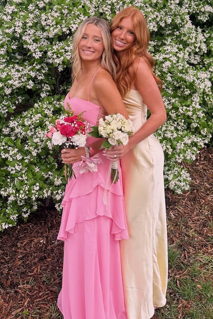 Red Spaghetti Straps Ruffles Sleeveless Lace-Up Long Dress