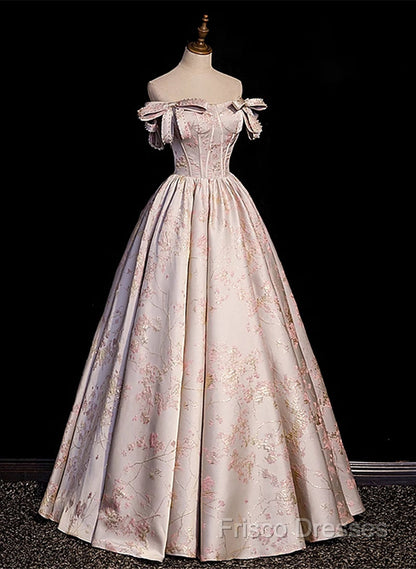 Pink Statin Off Shoulder Floral Long Party Dress, Pink Sweetheart Formal Prom Dress Formal Dress