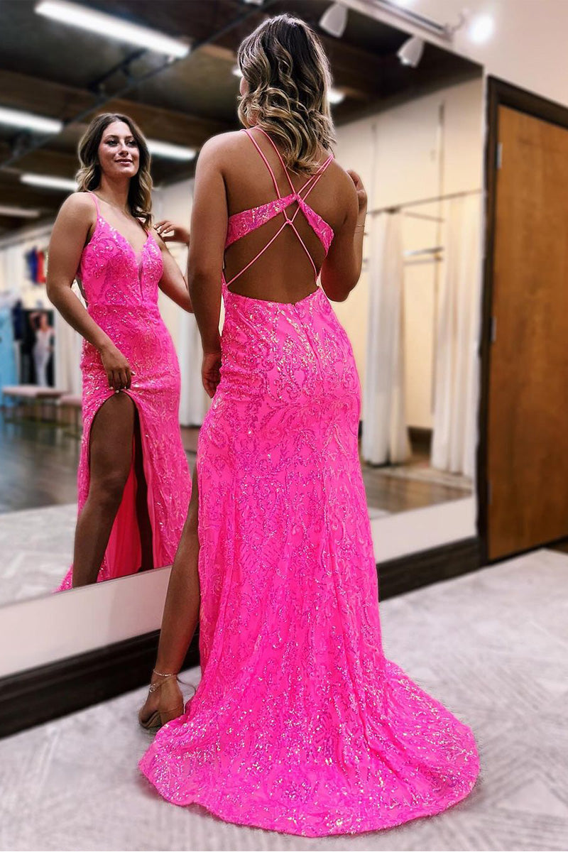 Pink V Neck Sequins Lace Mermaid Long Prom Dresses with Slit